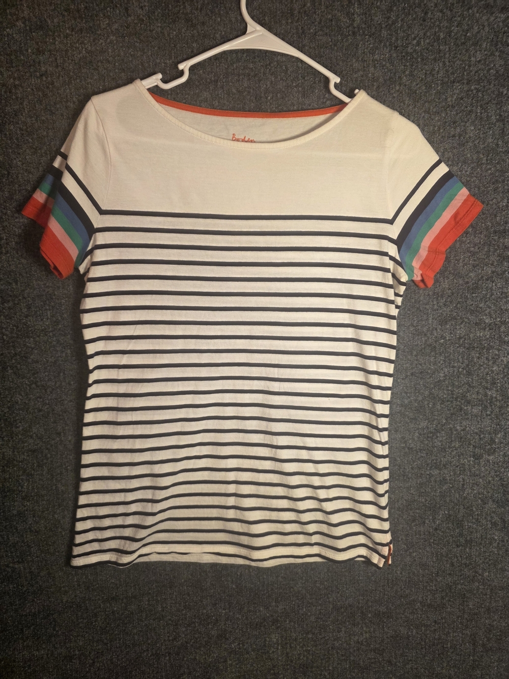 Boden Great Britain Striped Tee US 6 White Navy Rainbow Sleeve Top